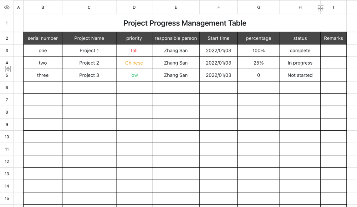 Project Progress Management Table